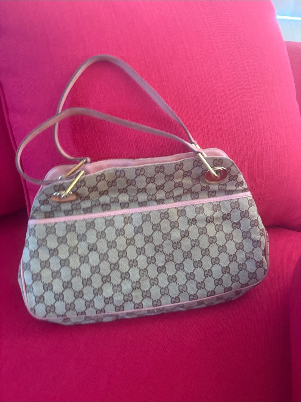 Gucci Monogram Canvas Shoulder Bag with Pink Trim and Gold Hardware